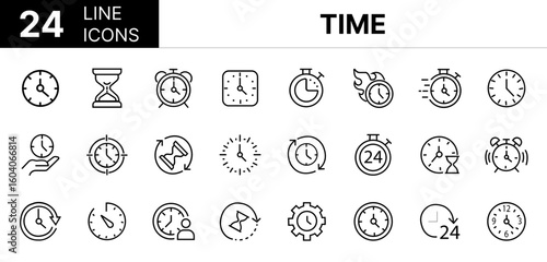 Collection of 24 time line icons featuring editable strokes. These outline icons depict various modes of Time, clock, line, stroke, hours, vector, duration, outline, 