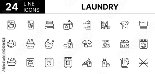 Collection of 24 Laundry line icons featuring editable strokes. These outline icons depict various modes of Laundry, washer, launderette, line, outline, design, thin, linear, 