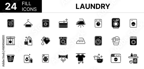 Collection of 24 Laundry fill icons featuring editable strokes. These outline icons depict various modes of Laundry, washer, launderette, line, outline, design, thin, linear, 