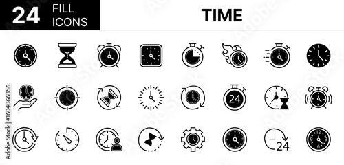 Collection of 24 time fill icons featuring editable strokes. These outline icons depict various modes of Time, clock, line, stroke, hours, vector, duration, outline, 