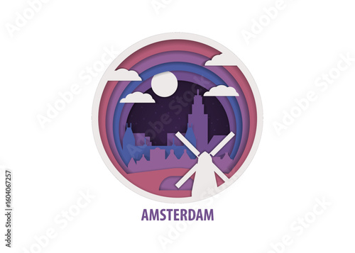 Amsterdam paper cut, cityscape crafted vector illustration. Origami, layered art of Netherlands city with skyline, buildings, landscape shape for sticker, badge, web, print
