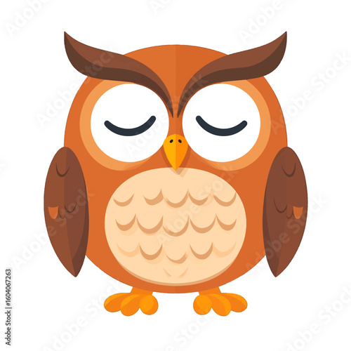 Adorable round cartoon owl with closed eyes, featuring brown wings and orange feathers.