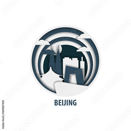 Beijing paper cut, cityscape crafted vector illustration. Origami, layered art of China city with skyline, buildings, landscape shape for sticker, badge, web, print