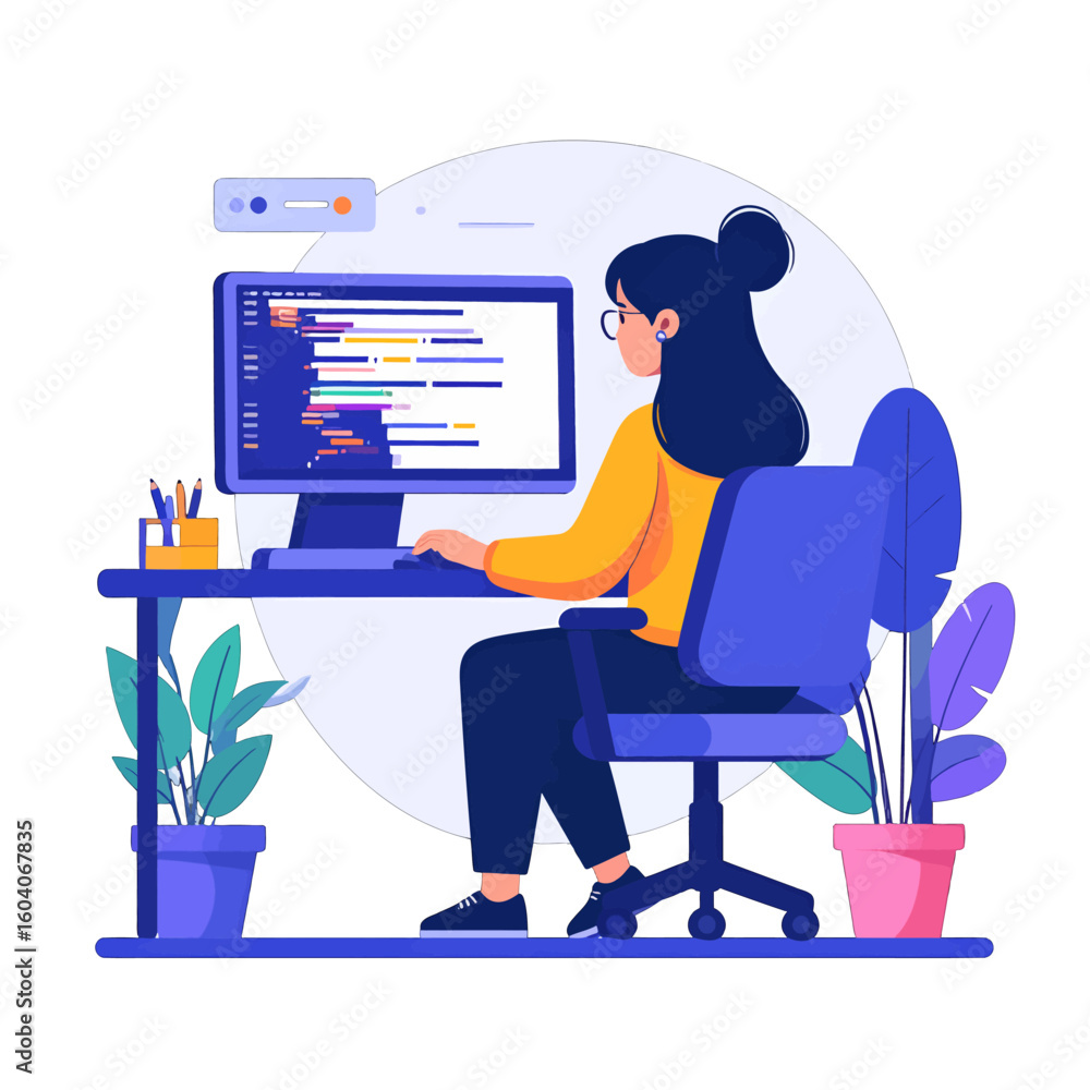 Fototapeta premium Flat vector illustration of a female programmer with dark hair in a bun, coding at a modern desk with potted plants.