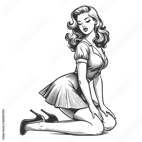 glamorous pinup woman kneeling gracefully in a flared vintage dress and high heels sketch engraving generative ai fictional character vector illustration. Scratch board. Black and white.