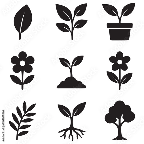 A diverse set of green vector tree icons for nature-inspired designs, featuring various leaves, flowers, and branches