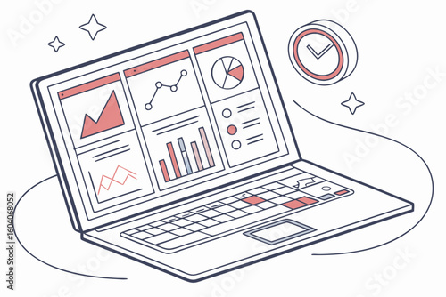 Laptop displaying various data charts and graphs with a clock and stars around it in a line art style
