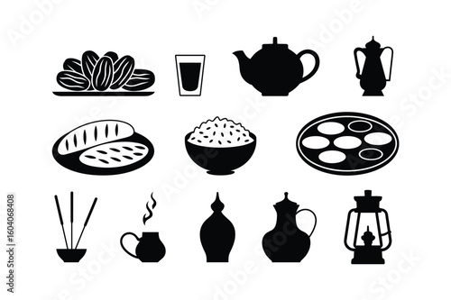 Black silhouettes of food and drink items and a lantern dates glass