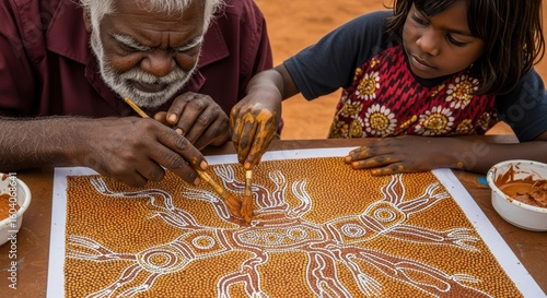 Aboriginal Art: Elder and Child Painting Traditional Dot Painting Together.