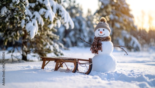 Snowy snowman on sled in winter forest