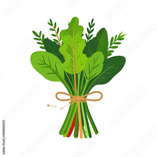 A fresh bouquet of mixed leafy greens and herbs, including chard, tied with a simple twine bow.