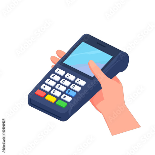 Cartoon hand holding a dark blue POS payment terminal with a colorful numeric keypad.
