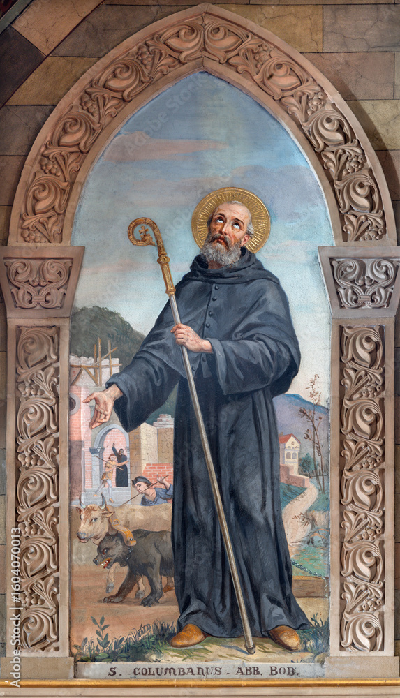 Naklejka premium BOBBIO, ITALY - MAY 20, 2025: The fresco of St. Columbanus in Cathedral (Santa Maria Assunta) by Luigi Morgari from end of 19. cent.