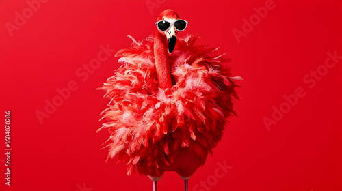 Playful flamingo in sunglasses and a fluffy red coat against a bold red background