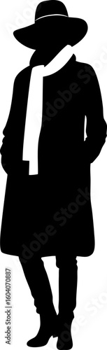 Stylish silhouette of person in coat, scarf, and hat, confident fashion stance