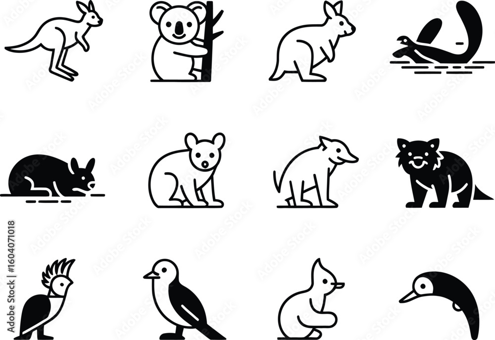 Fototapeta premium Collection of australian animals in simple line art style