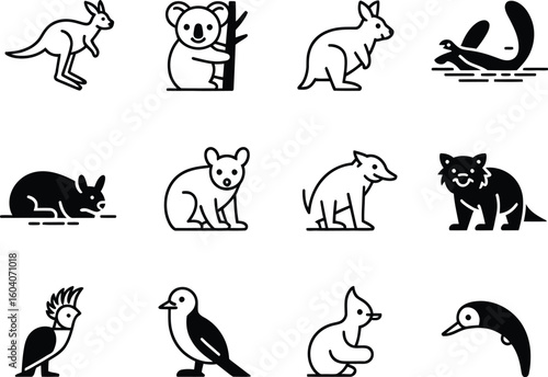 Collection of australian animals in simple line art style