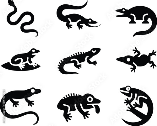 Collection of stylized black reptile silhouettes on a white background