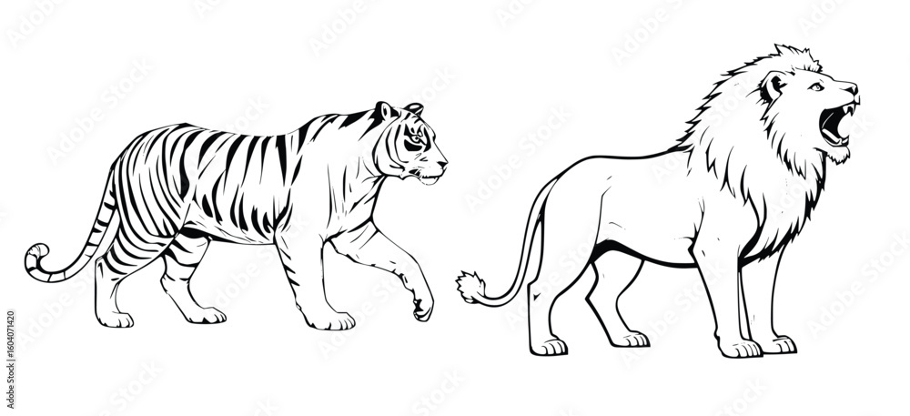 Naklejka premium Minimalist Black and White Vector of Tiger and Lion Walking Together