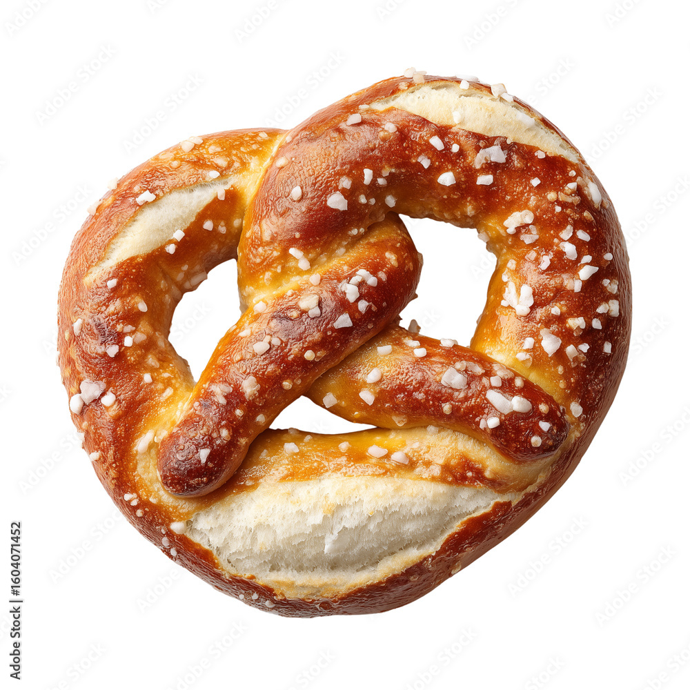 Fototapeta premium Deliciously baked golden brown pretzel with coarse salt crystals isolated on transparent background