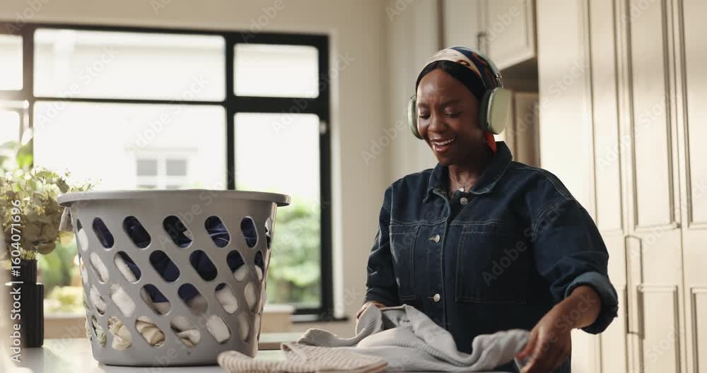 Woman, happy and laundry basket with headphones in home for cleaning routine, hygiene and singing. African person, folding clothes and linen with audio streaming with dance for housework at apartment Woman, happy and laundry basket with headphones in home for cleaning routine, hygiene and singing. African person, folding clothes and linen with audio streaming with dance for housework at apartment