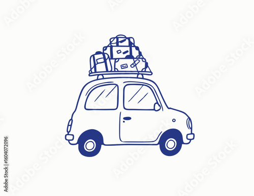 Road trip car doodle in hand-drawn sketch style. Cute small car with luggage and travel bags on the roof. Drawn with blue pen line strokes.