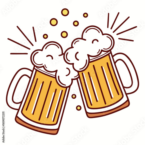 Two cartoon beer mugs clink together with foam spilling as they make a toast