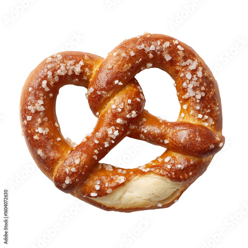 Deliciously baked golden brown pretzel with coarse salt crystals isolated on transparent background