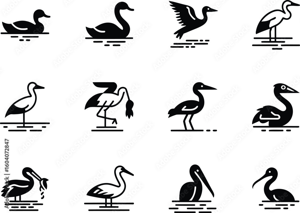 Obraz premium Collection of stylized bird silhouettes on water