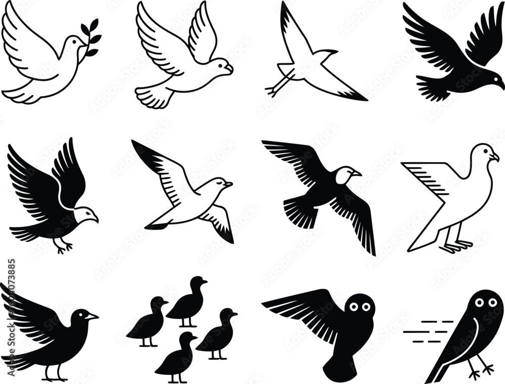 Obraz premium Collection of hand drawn bird silhouettes in flight and perched
