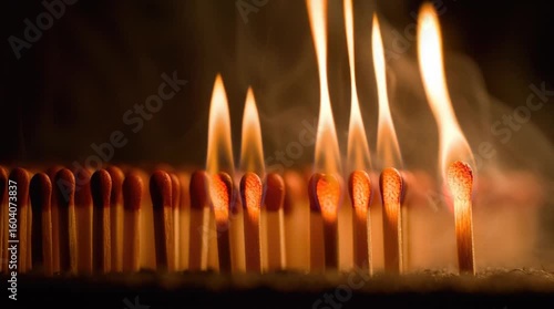 Close-up of matches igniting in sequence
