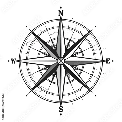 A classic black and white nautical compass rose illustration with grayscale shading, showing the cardinal directions.