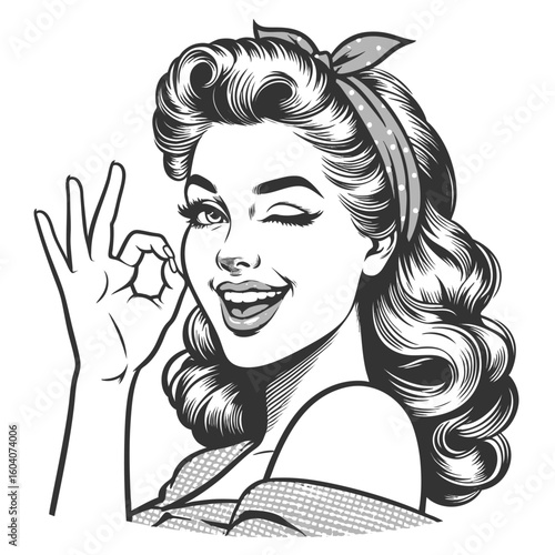 smiling woman winking and making an OK sign sketch engraving generative ai fictional character vector illustration. Scratch board imitation. Black and white image.