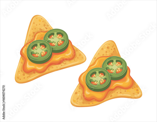 A visual of two chips drenched in nacho cheese alongside two jalapenos
