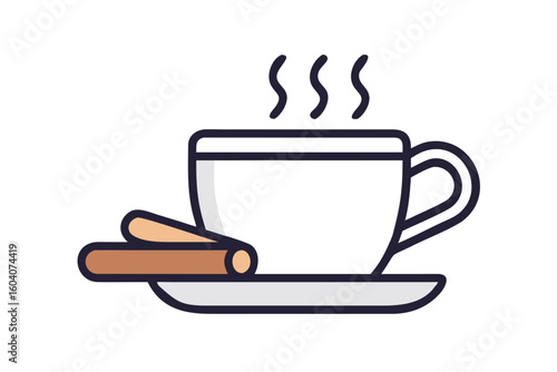 Coffee cup with steam and cinnamon stick in outline style