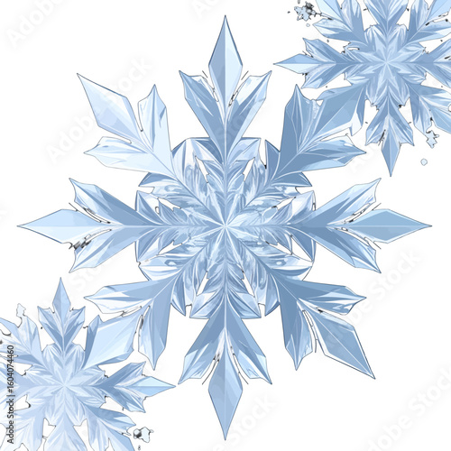 Stylized blue ice crystal snowflakes with sharp, faceted details and a glossy, crystalline texture.
