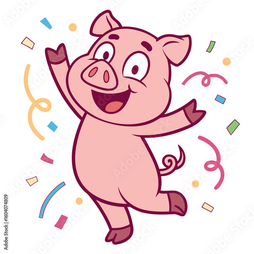 Joyful pink pig character celebrates surrounded by falling confetti on a transparent background today