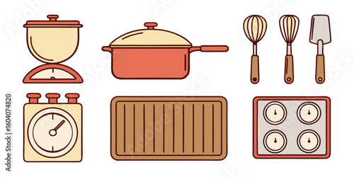 Set of kitchen utensils and cooking tools in vector illustration style
