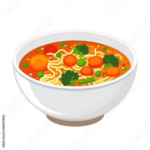 Healthy vegetable noodle soup with fresh broccoli, carrots, and peas in a white bowl, cartoon vector style.