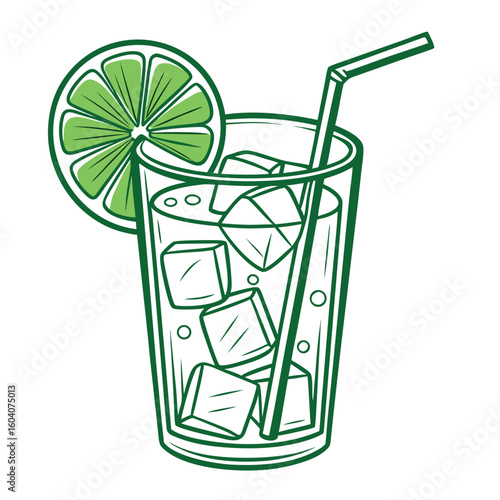 Outlined drink contains ice cubes, and a lime slice adorns the glass, set against a transparent backdrop