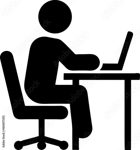 Office worker silhouette on laptop at desk in minimalist black and white scene