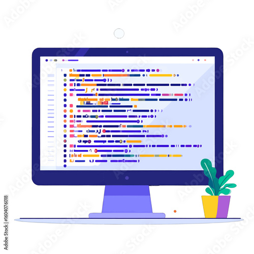 Modern desktop computer monitor displaying a colorful code editor with syntax-highlighted programming script.