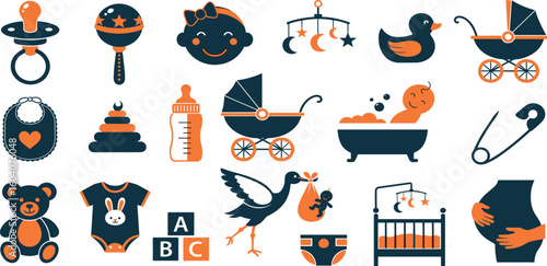 Baby care blue editable stroke outline icons set isolated on white background flat vector illustration