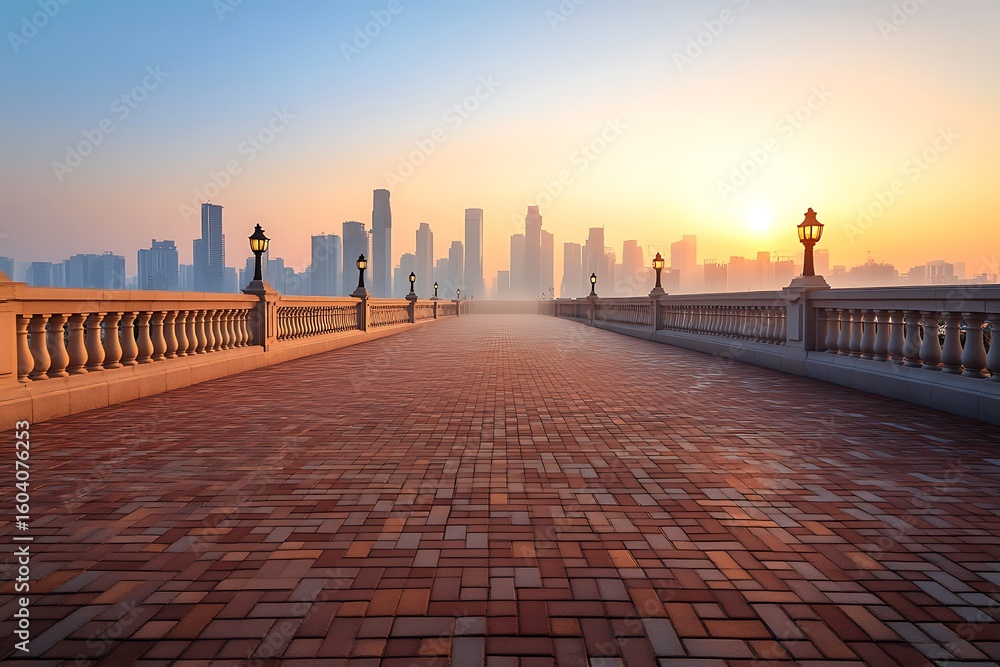 Fototapeta premium Empty brick path leading towards city skyline at warm dawn with vintage lamps