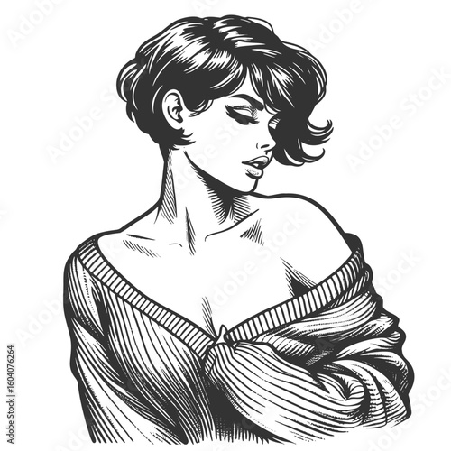 Woman in Sweater revealing shoulder sketch engraving generative ai fictional character vector illustration. Scratch board imitation. Black and white image.