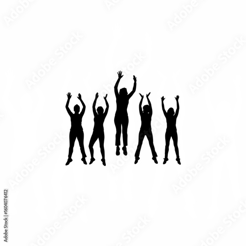 Silhouette of group doing synchronized jumping jacks on white background