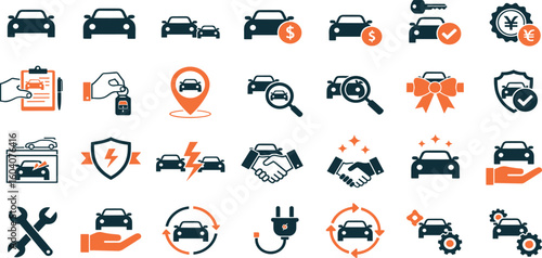 Car dealer, vehicle and automobile industry related editable stroke outline icons set isolated on white background flat vector illustration.