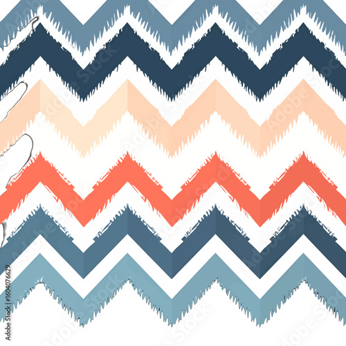 Abstract chevron pattern with jagged, ikat-style edges in shades of blue, coral, and peach.