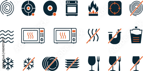 Cookware and tableware features. Non stick coating, food safe, eco, stackable and other editable stroke outline icons set isolated on white background flat vector illustration.