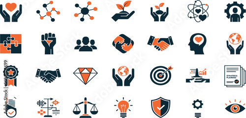 Core values as trust, integrity, environment, empowerment, strategy, morality and more editable stroke outline icons set isolated on white background flat vector illustration